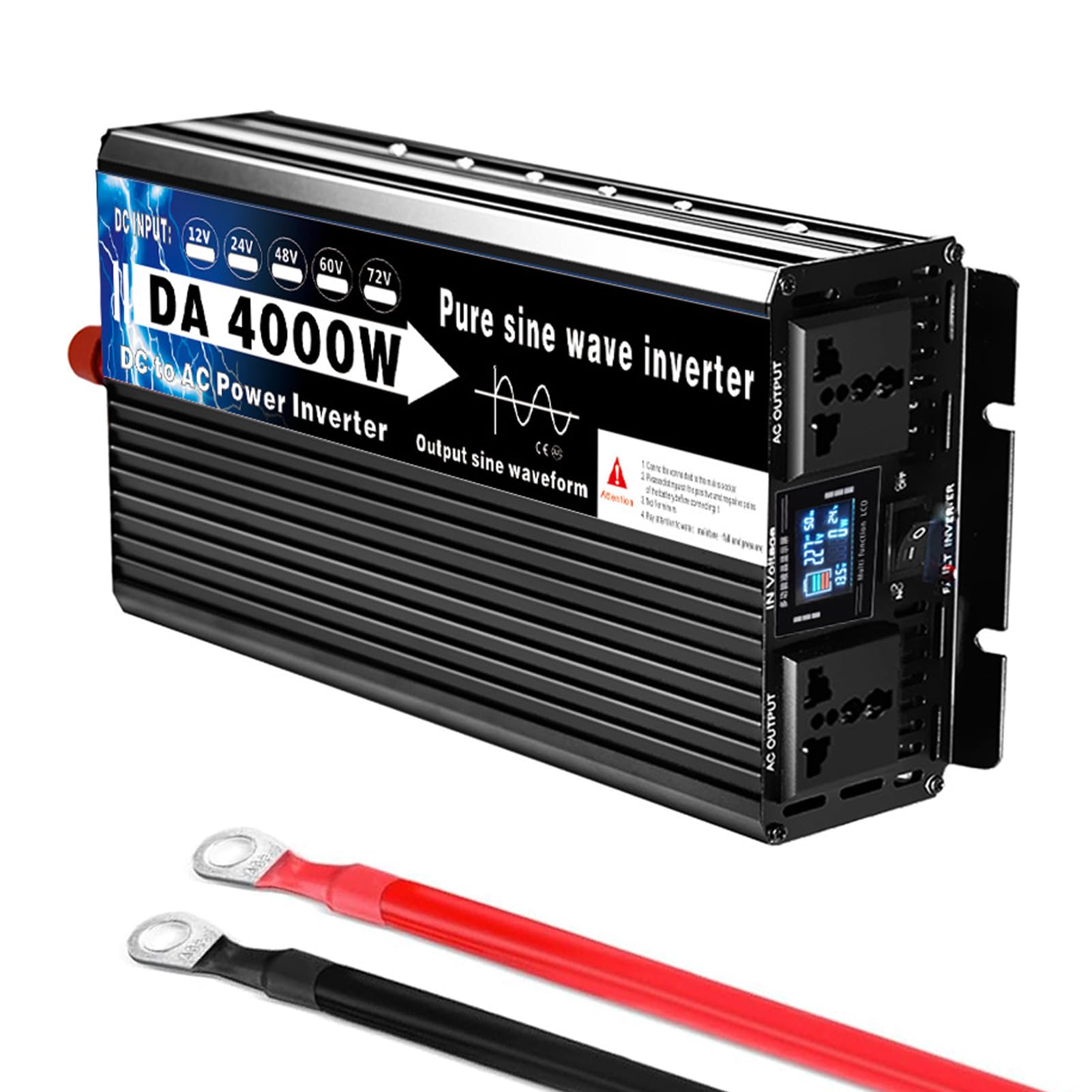 Falownik Sinusoidalny 72V do 110V, 2000W ładowarka 12V 24V 48V 60V 72V DC do 120V 220V AC, Szczytowa moc 4000W Falownik Solarny Poza Siecią do Urządzeń Elektronicznych i Zasilania Aw(Size:60v to 220v)