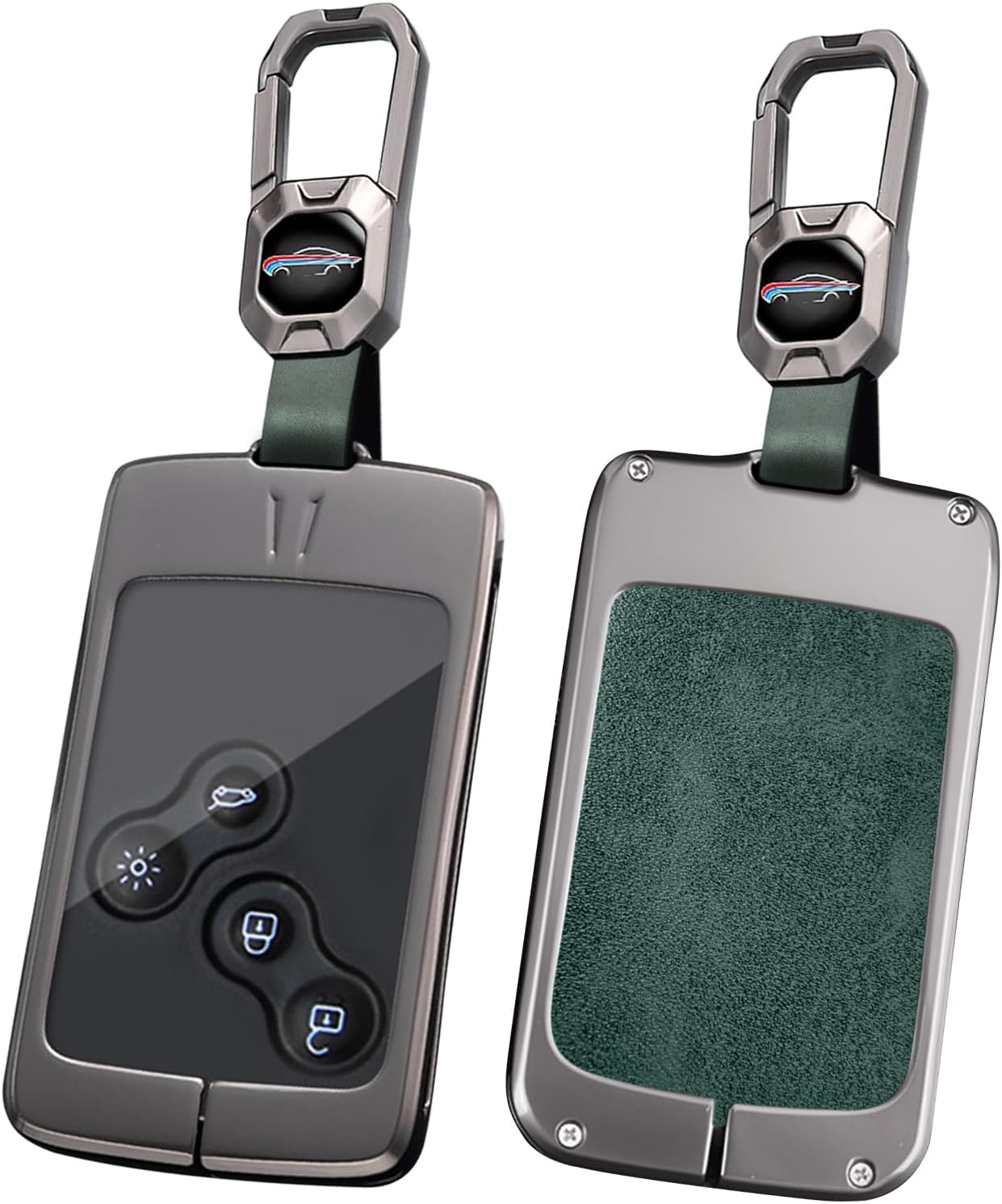 HIBEYO Key Fob Cover Compatible with Renault Clio Logan Megane Scenic Fluence Laguna Accessories Alloy Leather Key Shell Smart Remote Auto Key with Keychains-Short Keychian Green