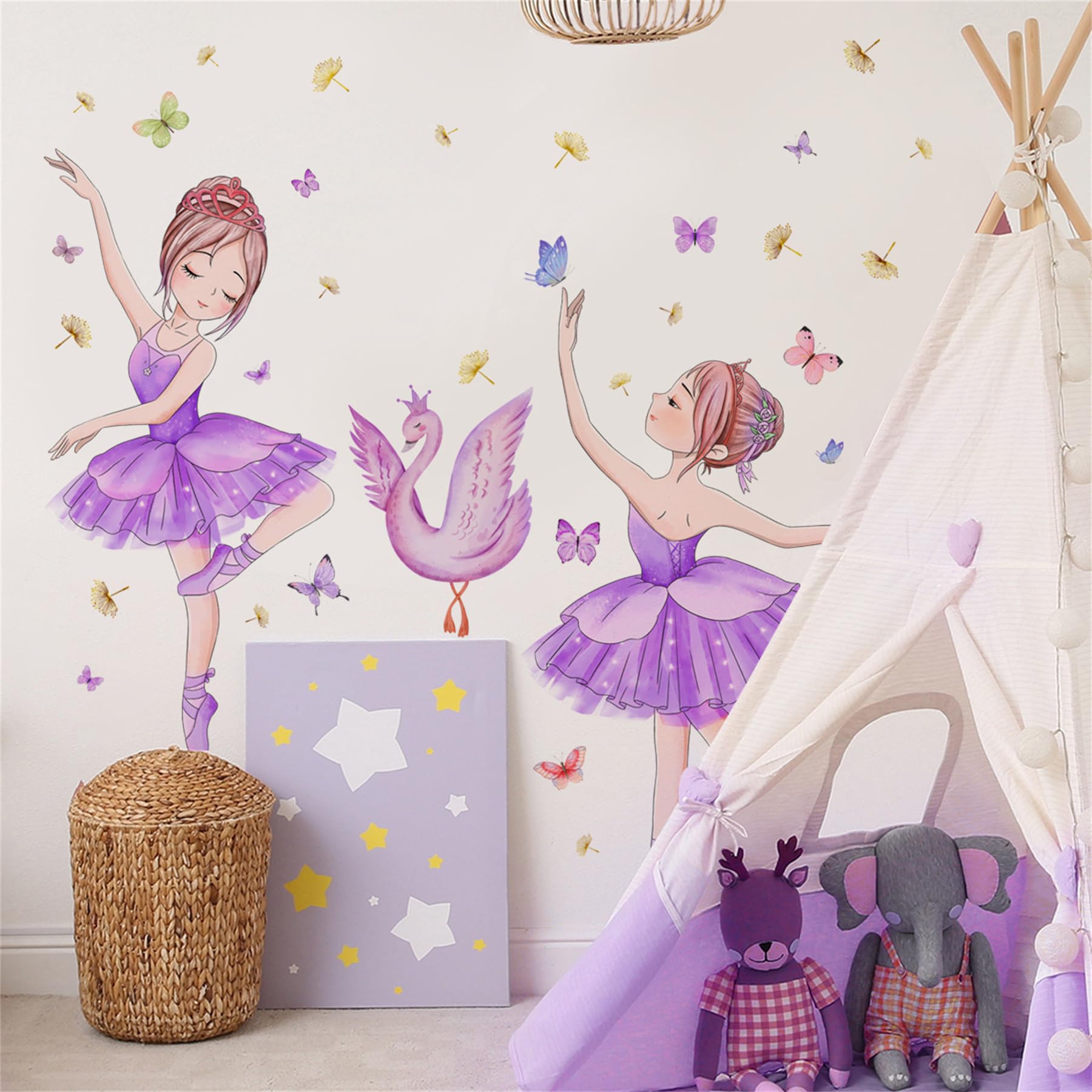 Girl Wall Stickers, Purple Dancing Girl Home Decor Wall Decals with Swan Butterfly - Image 3