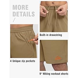 TBMPOY Men\'s Shorts 9 Hiking Running Shorts Zipper Pockets Athletic Outdoor Sports Gym Workout Short 4 Pockets Khaki S