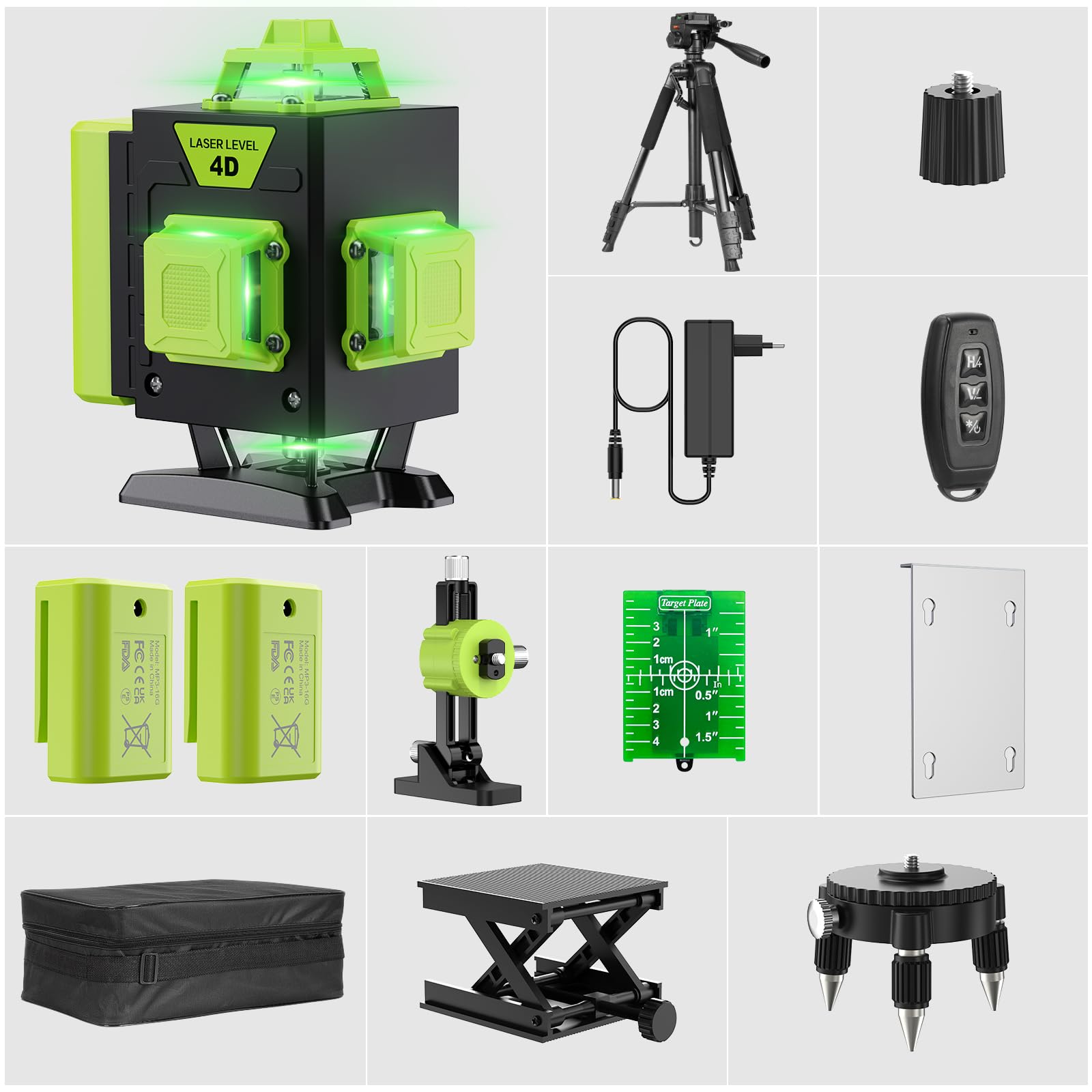 Livella Laser Autolivellante 16 Linee, 4 X 360 °Livello Laser Autolivellante Verde, 2 x Batterie, Autolivellante, Supporto Rotante, Telecomando Cabina di Rilevamento (con Treppiede)