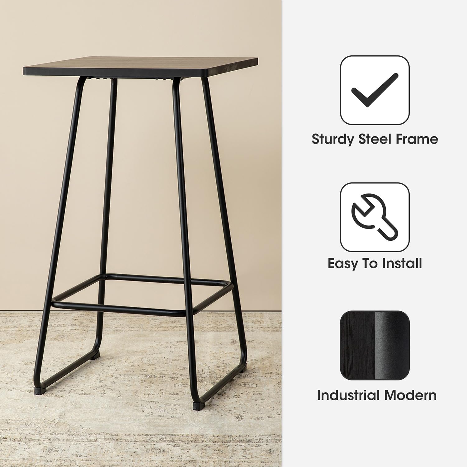 Glitzhome Bistro Pub Table Square Bar Height Cocktail Table, Outdoor Bar Table with Metal Base and Black Oak Veneer Top, Patio Table for Deck Pool Backyard Balcony - Black