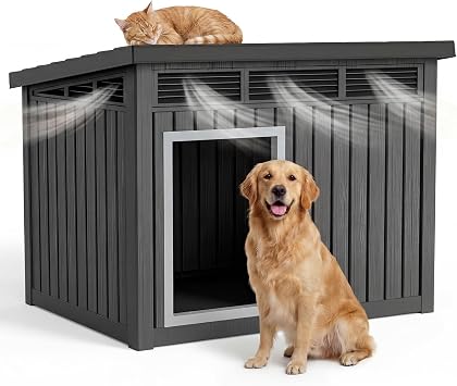 DRATO Large Dog House, Weatherproof Resin Large Dog House Outdoor with Sloped Roof & Ventilation, Indoor Outdoor Dog House for Samll to Large Dogs, Easy Assemble, Classic Black, 42.87*32.95*31.61