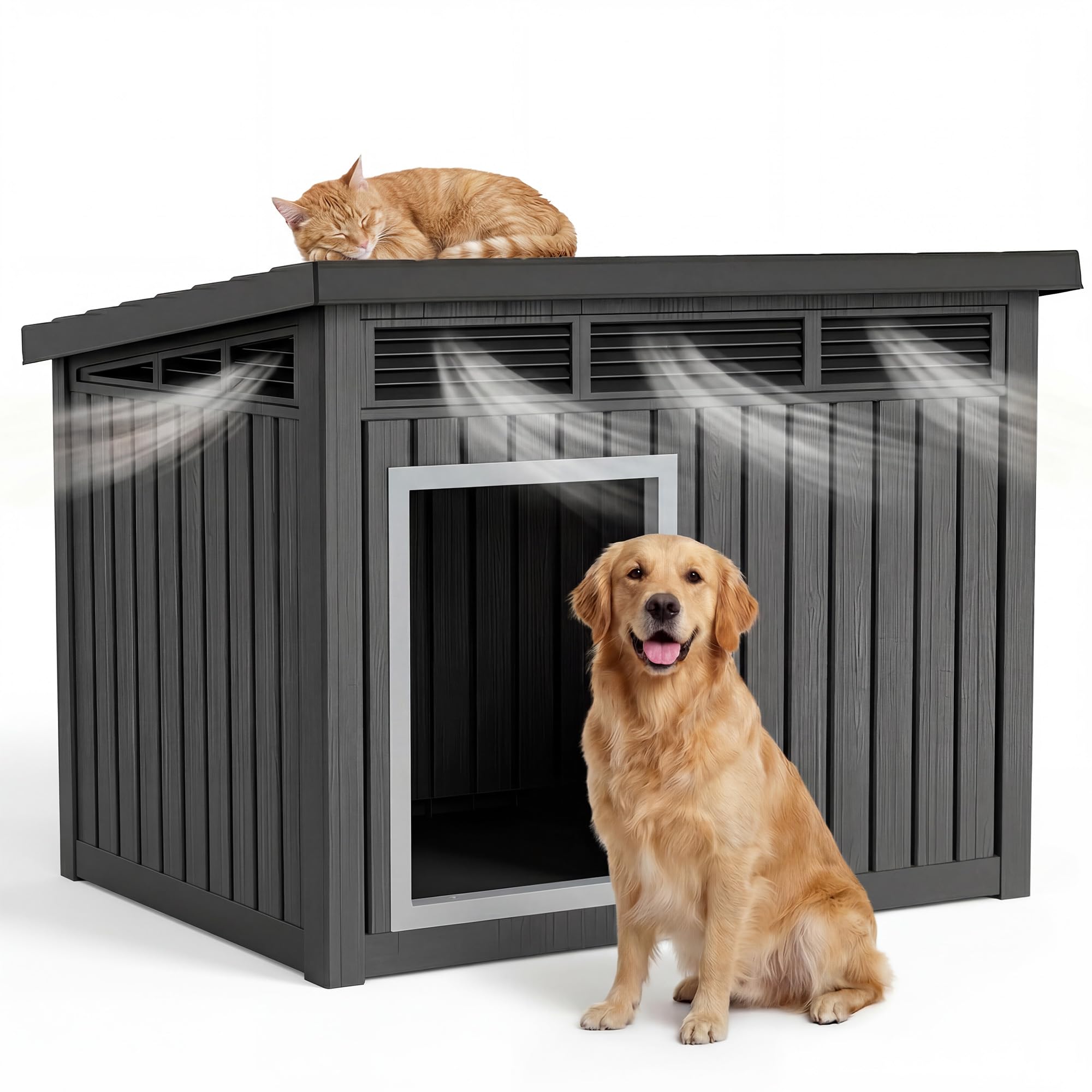 DRATO Large Dog House, Weatherproof Resin Large Dog House Outdoor with Sloped Roof &amp; Ventilation, Indoor Outdoor Dog House for Samll to Large Dogs, Easy Assemble, (Classic Black, 42.87*32.95*31.61)