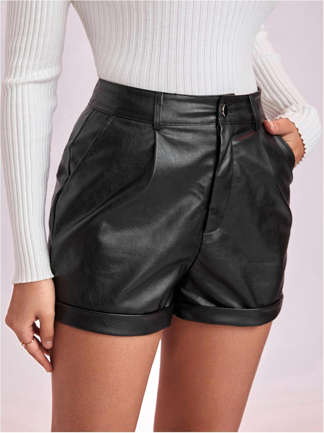 SHENHE Women's PU Leather High Waist Roll Up Straight Leg Shorts Zipper Fly Shorts - Image 3