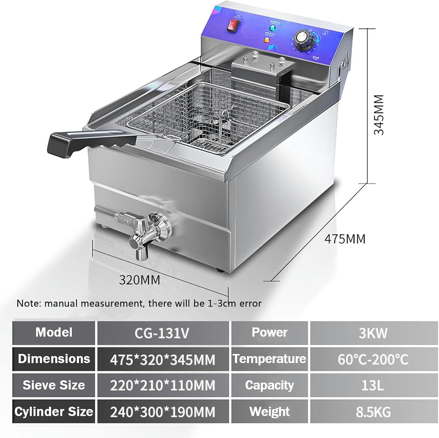 Deep Fat Fryer, Chip Electric Pan with Oil Basketes, Large Electric Fryer for Home and Commercial Stainless Single Cylinder 110-220V, Fryer for French Fries Chicken Shrimp, Easy Clean,13L