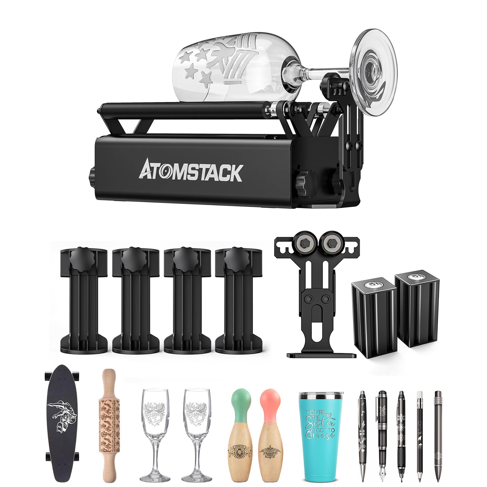 ATOMSTACK R3 Pro Rouleau rotatif laser rotatif avec 4 sièges surélevés, 1 siège de support, 2 curseurs de hublots, rouleau rotatif d'axe en Y pour cylindrique, compatible avec presque toutes les