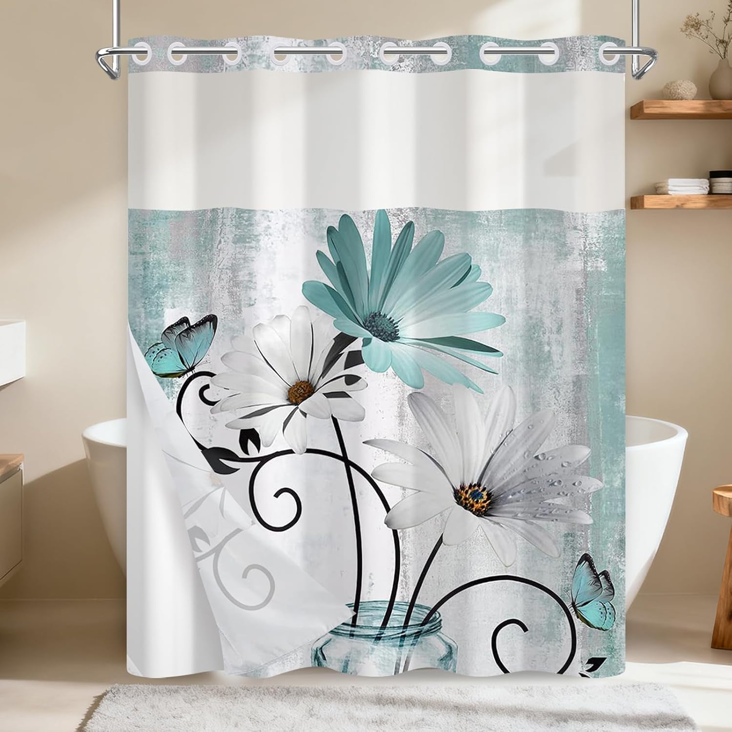 No Hook Shower Curtain and Liner Set, Rustic Machine Washable Bath Curtain with Vented Window and Removable Heavy Shower Curtain Liner, Daisy Pattern Floral Shower Curtains for Bathroom, 71"W x 74"L