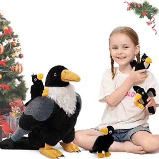 MorisMos Crow Stuffed Animals Set, 26'' Mommy Crow Plush with 4 Baby Raven Plush Toys for Kid Girl Boy Bird Lover Christmas Birthday Gift, Realistic Black Raven Decors for Halloween Easter Baby Shower