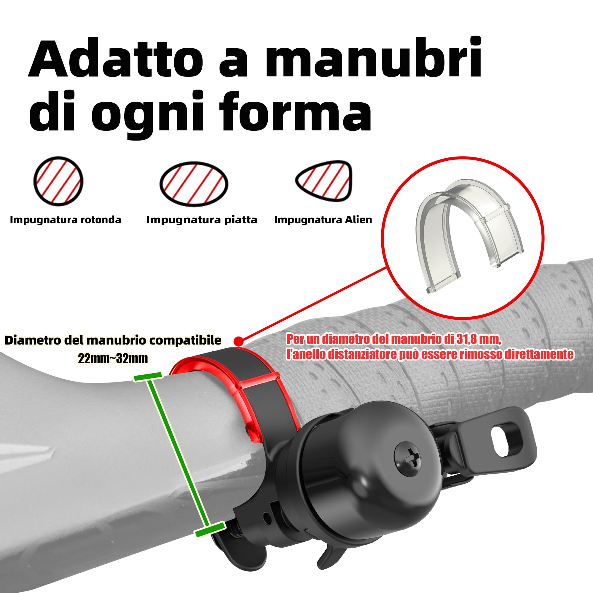RBRL Mini campanello per bicicletta per bici da strada e gravel – Campanello per bicicletta rumoroso da 100 dB, girevole a 360°, utilizzabile con mano sinistra/destra – Compatto per manubri da 22–32 m