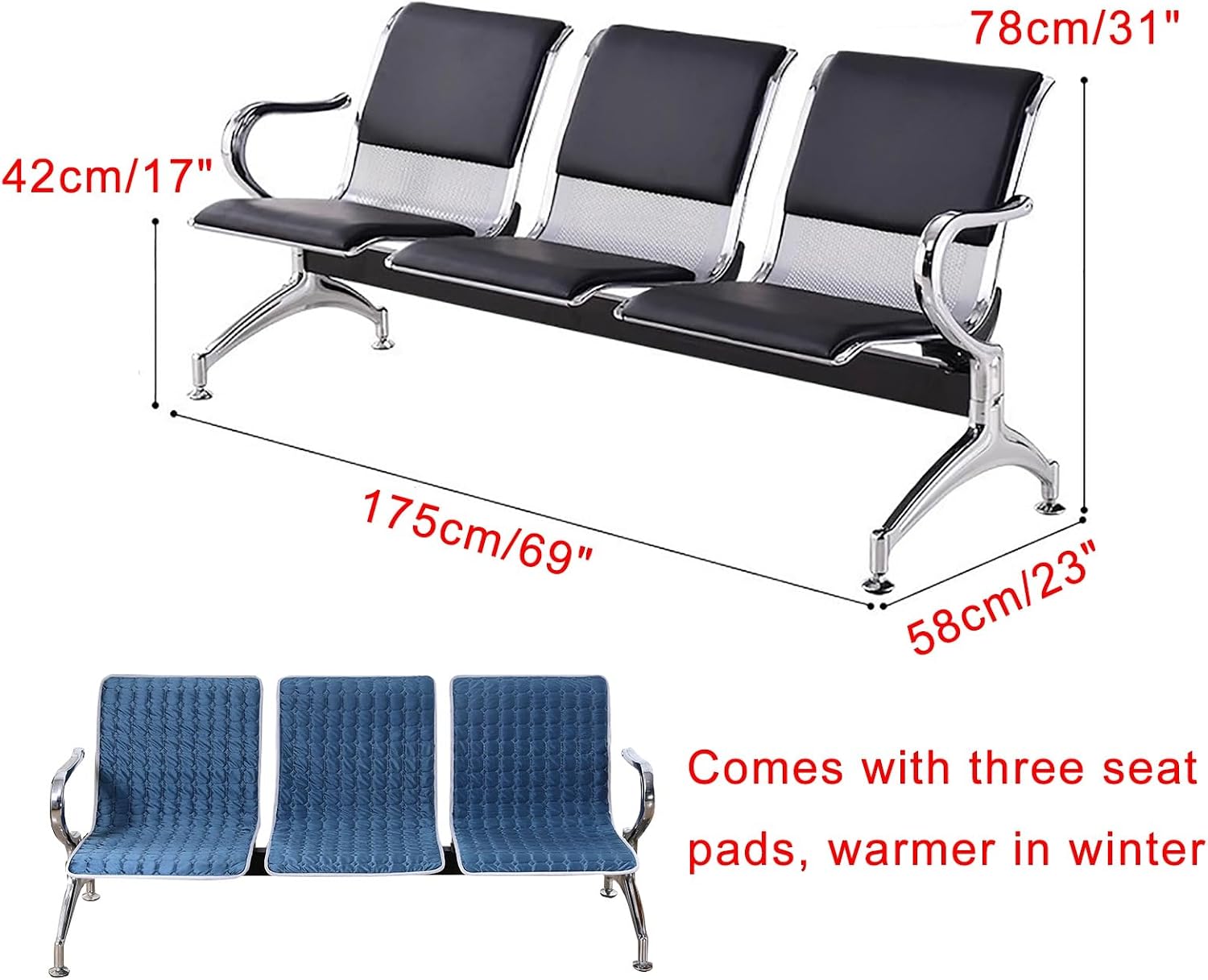 3-Seat Office Reception Waiting Room Chairs - Guest & for Salon Barber Bench Airport Bank Hall Visitor PU Leather Sofa(Black)