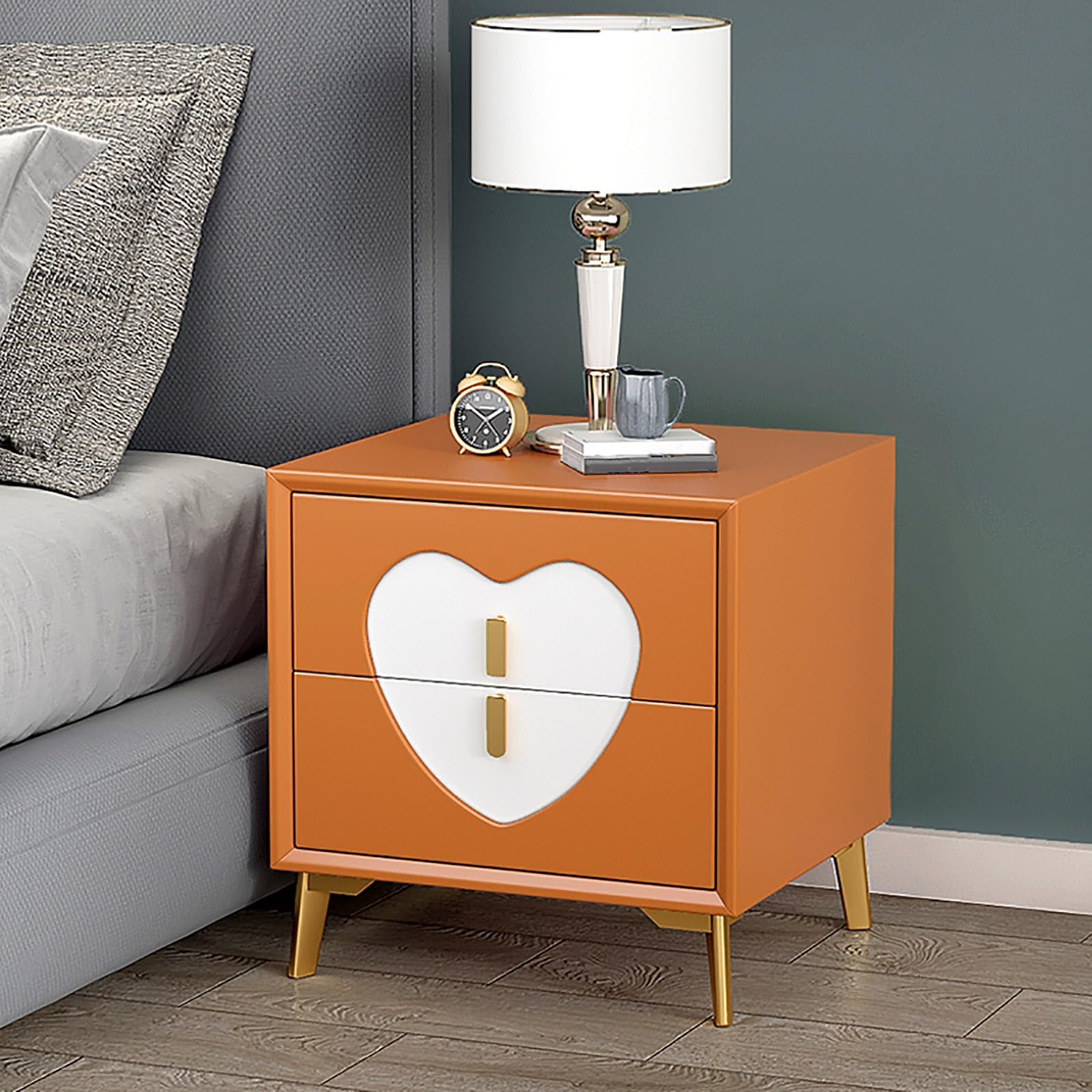 Mesita de noche de madera maciza con doble cajón y parte superior forrada de cuero, patas de metal modernas, mesita de noche resistente para dormitorio, sala de estar, organización y decoración de