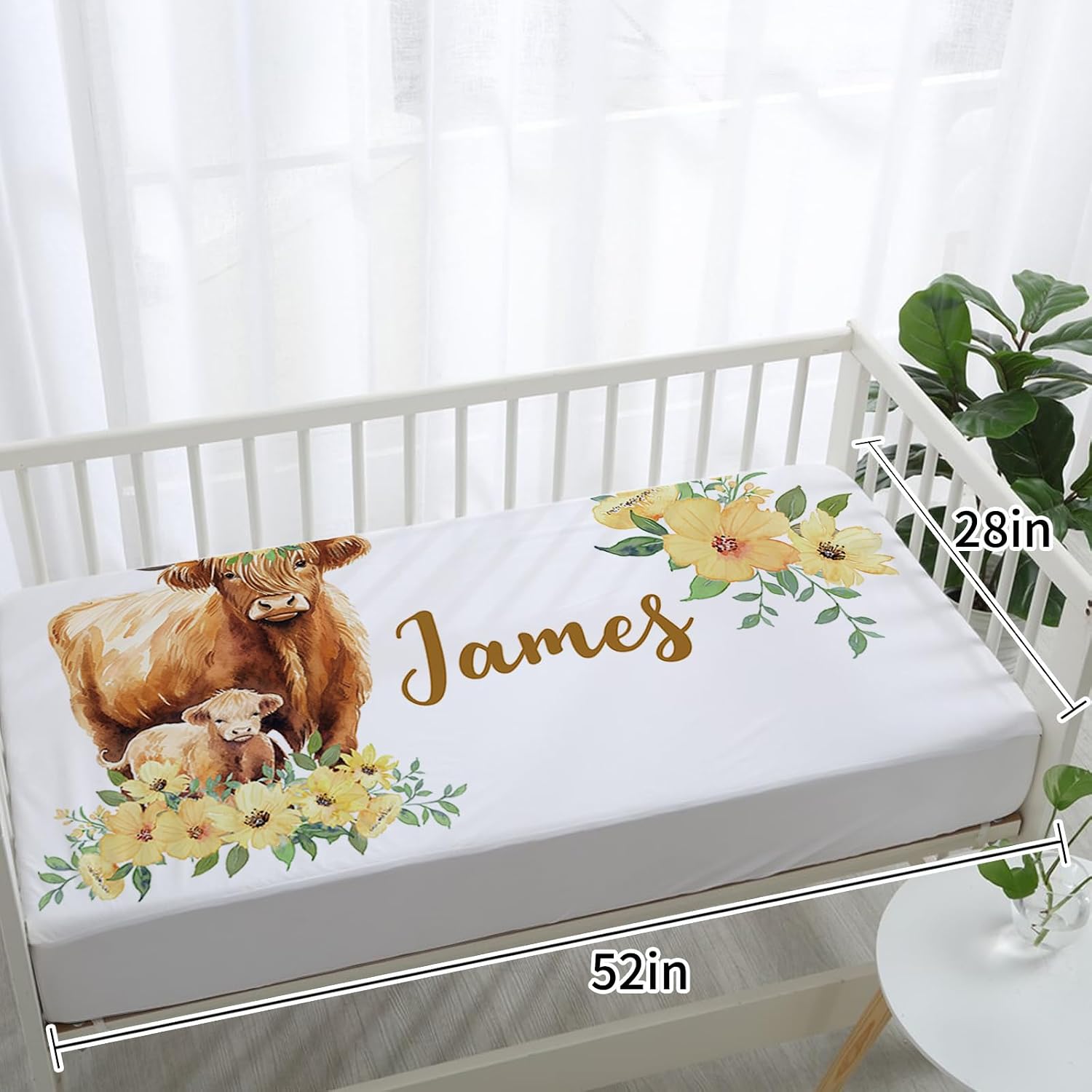 Personalized Baby Crib Bedding Set: 4 Piece Yellow Flower Custom Gift Crib Bed Set with Name - Highland Cow Theme, Nursery Bedding Set for Baby Girls,Newborn Girls Crib Sets, Crib Bedding Shower Gifts