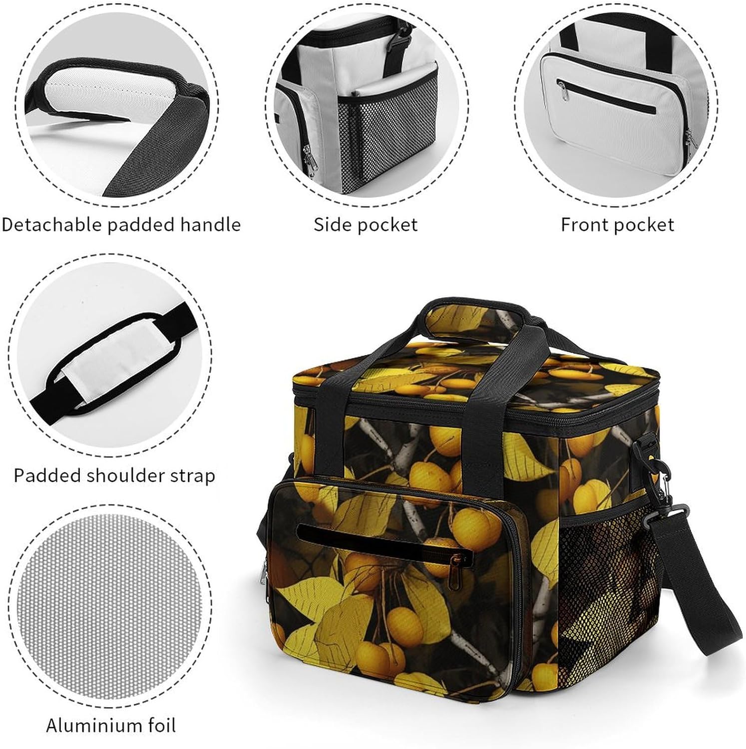 Camping Ice Pack, Yellow Leaves and Fruits Print Cooler Bag, 22.5L Large Capacity Insulated Lunch Tote Bag for Outdoor, Picnic, BBQ, Travel, Work
