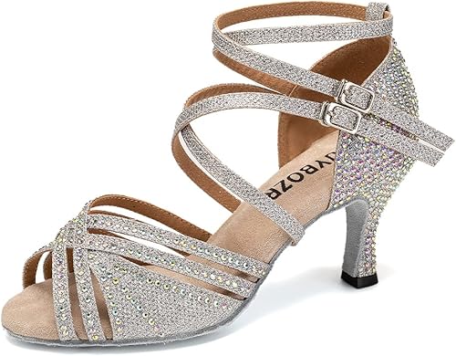 Vista 2 de Zapatos de baile latino para mujer, con diamantes de imitación, puntera abierta, para salsa, bachata, bailarina, rendimiento, modelo YC-D27, suela