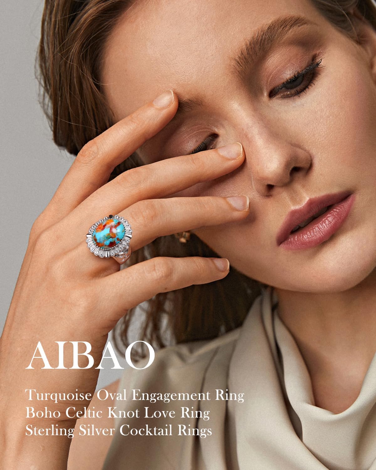 AIBAO 4-12 Ct Large Oval Engagement Rings for Women Natural Turquoise/Lapis Lazuli/Malachite Celtic/Infinity/Love Knot Halo Ring Size 6 to 10 Anniversary Christmas Valentines Gift