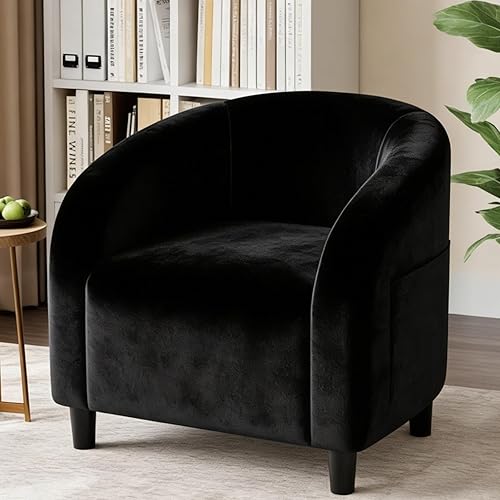 Accent Chair, Velvet Barrel Chairs, Comfy Round Club Armchair with Soft Cushion for Living Room, Bedroom, Reading, Waiting Room, Black