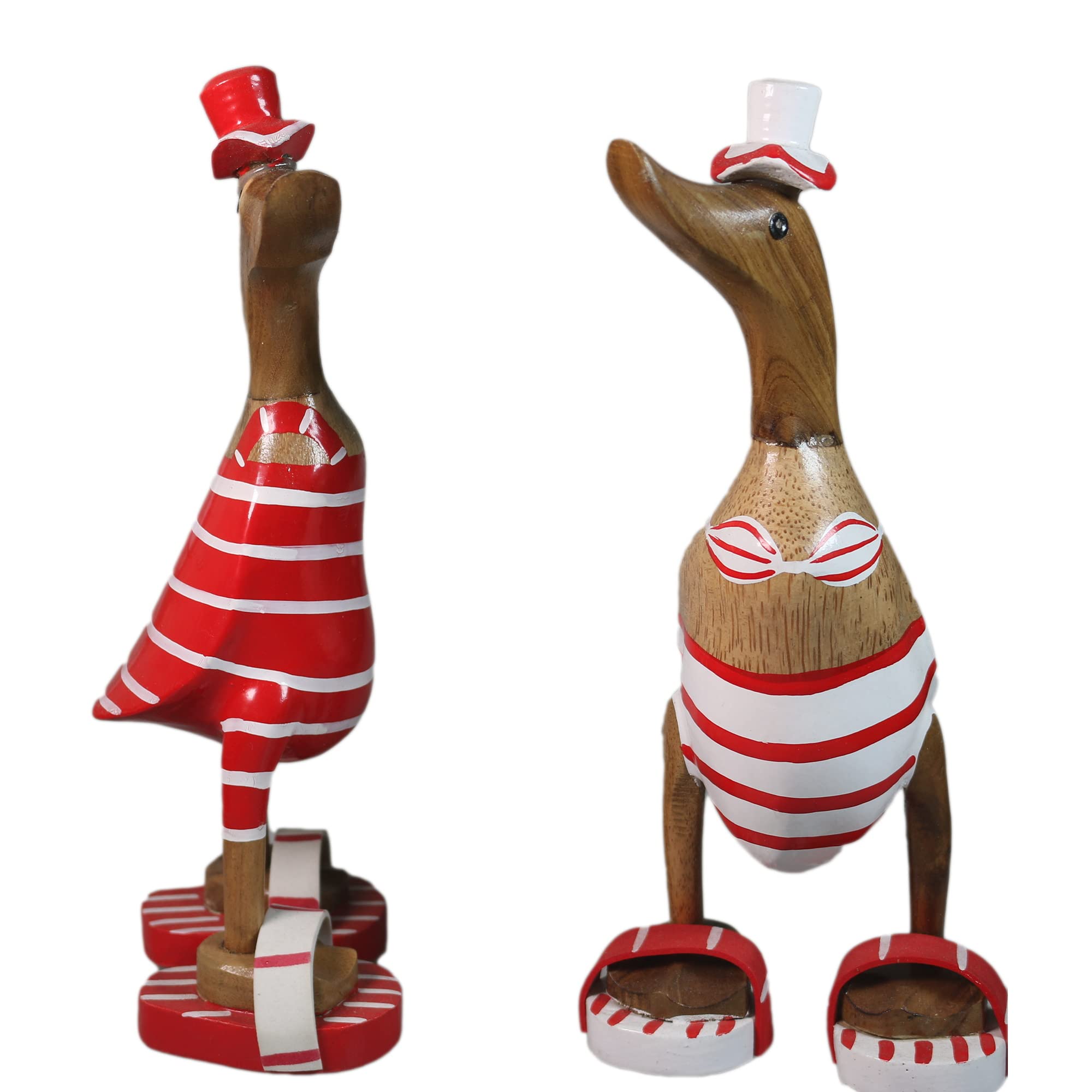ART-CRAFT Lot de 2 figurines de canard en bois - Décoration de jardin - Racine de bambou et teck - Rouge - Bikini - 25 cm de haut - Peint à la main