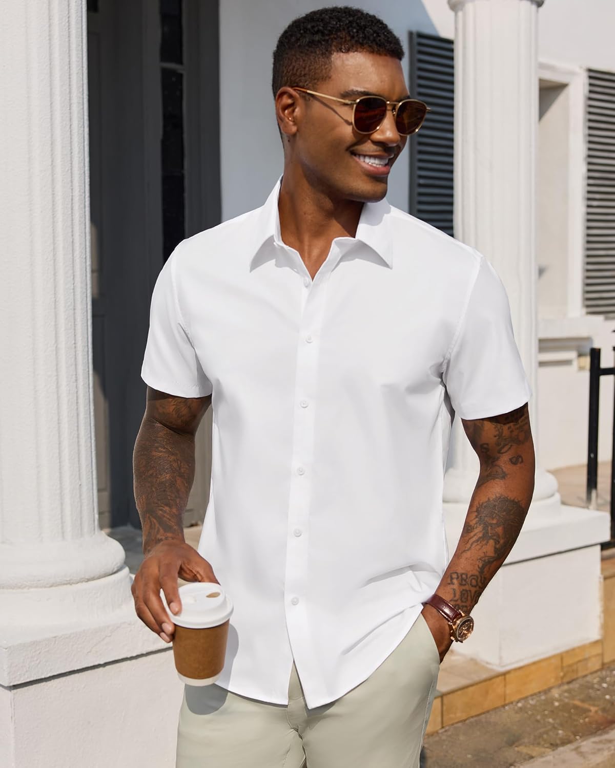 Men's Short Sleeve Dress Shirts Stretch Stain Shield Business Casual Button Down Shirts Solid Formal Wedding Tops - Image 5
