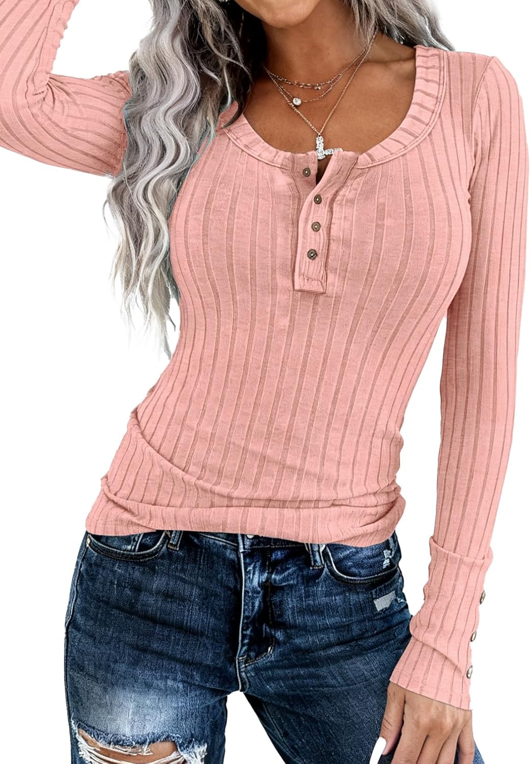 KINLONSAIR Women’s Long Sleeve Henley T Shirts Button Down Slim Fit Tops Scoop Neck Ribbed Knit Shirts - Image 2