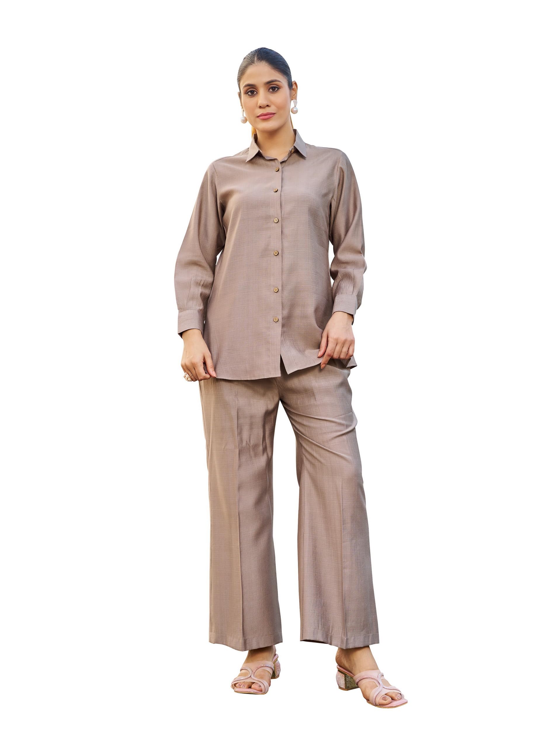 Women's Self Design Pure Silk Beige Shirt Trousers Co-Ords(VC_5050CO)-image-43