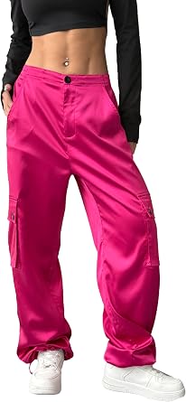 heipeiwa Womens Satin Cargo Pants Wide Leg Straight Multi Pockets High Waisted Baggy Casual Trouser Party Dressy Outfit