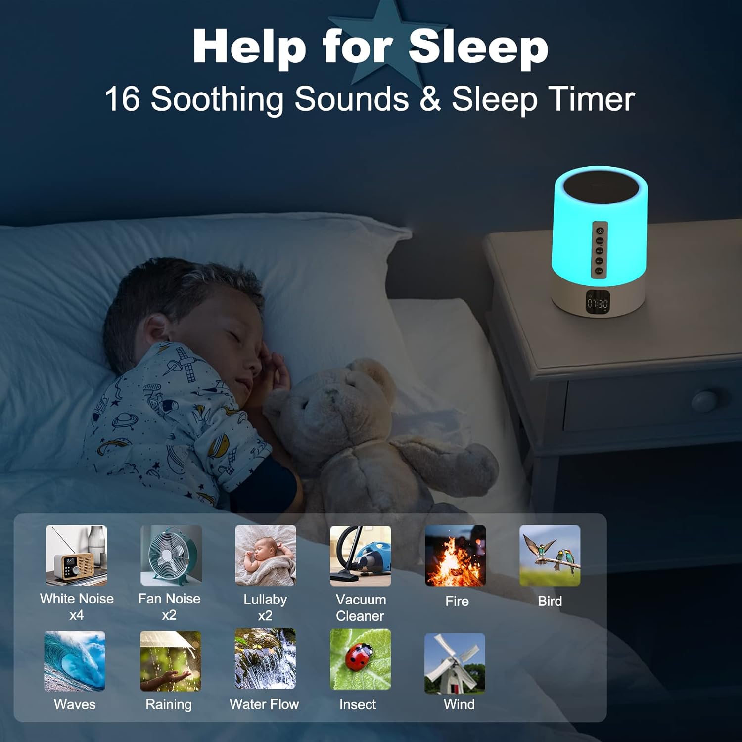 A child sleeping peacefully with the AFEXOA Night Light Bluetooth Speaker Alarm Clock on a bedside table, surrounded by icons representing 16 soothing sounds like white noise, fan, lullaby, and nature sounds.