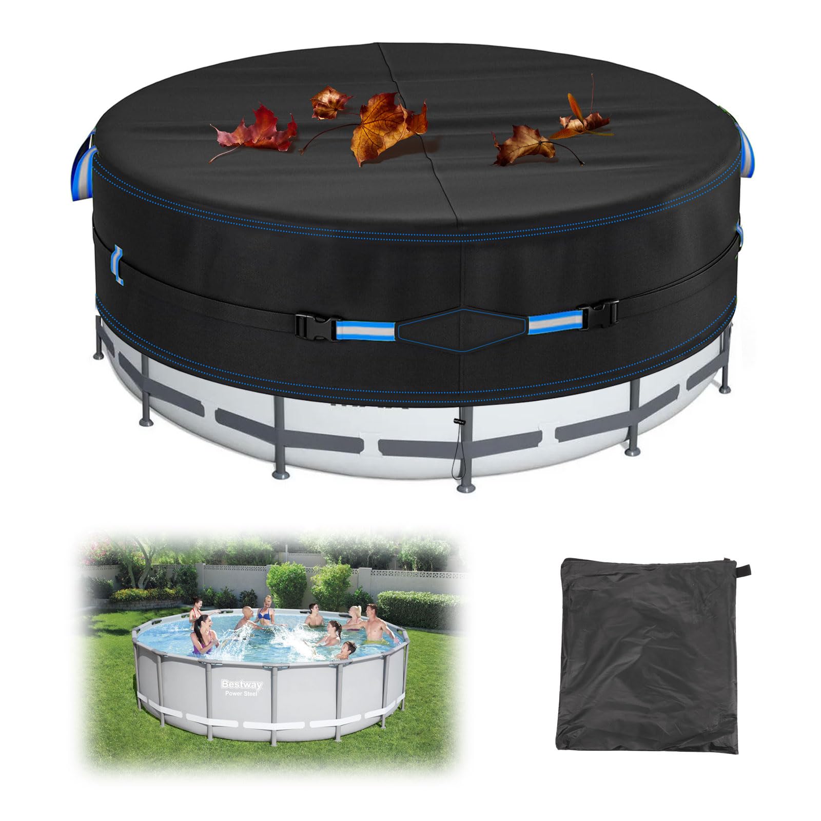 Couverture de Piscine Ronde de 365 cm, Bâche Piscine 420D Ronde 4 Saisons avec Bandes Réfléchissantes,Cover Lourde pour Piscine Hors Sol Couverture Solaire avec Cordon de Serrage et Clous