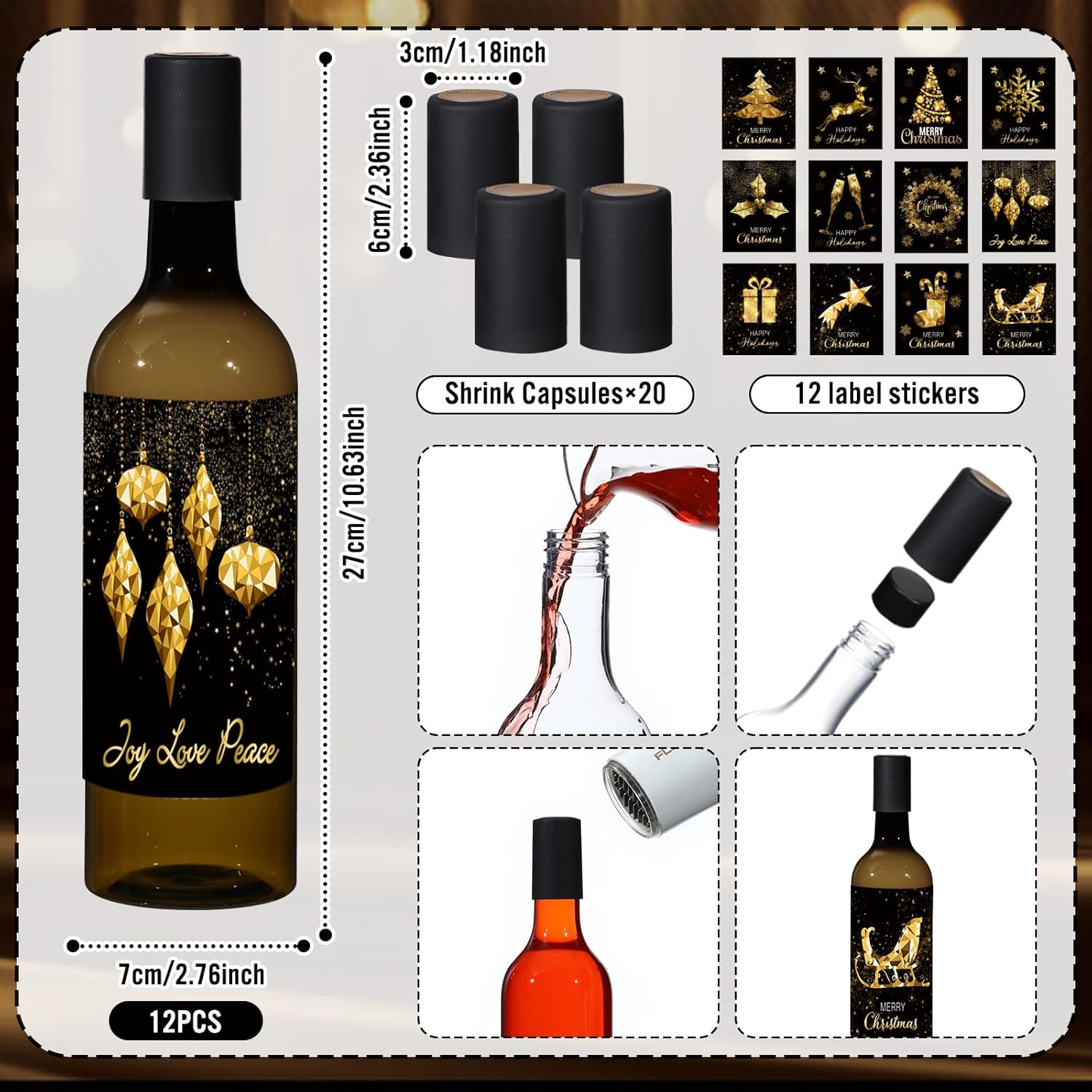 Maxcheck 12 Set 25 oz Plastic Wine Bottles 750ml Clear Empty Liquor Bottles Set with 12 Labels Stickers 20 Shrink Capsules Caps and 12 Adhesive Christmas Label Stickers, Xmas Wine Bottles (Dark Green)