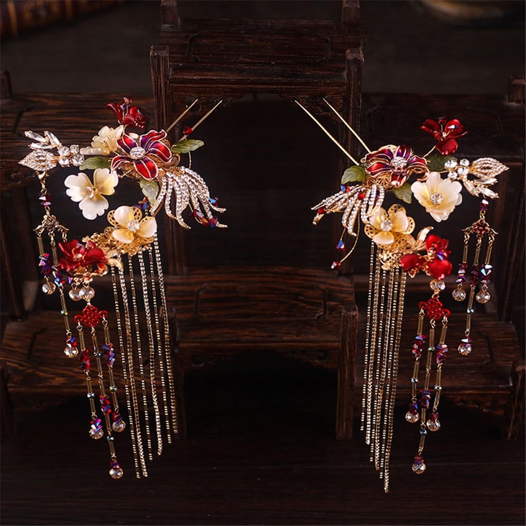 Xiuhe Tiara Bride Chinese Wedding Tassel Step Phoenix Crown Hair Accessories Set