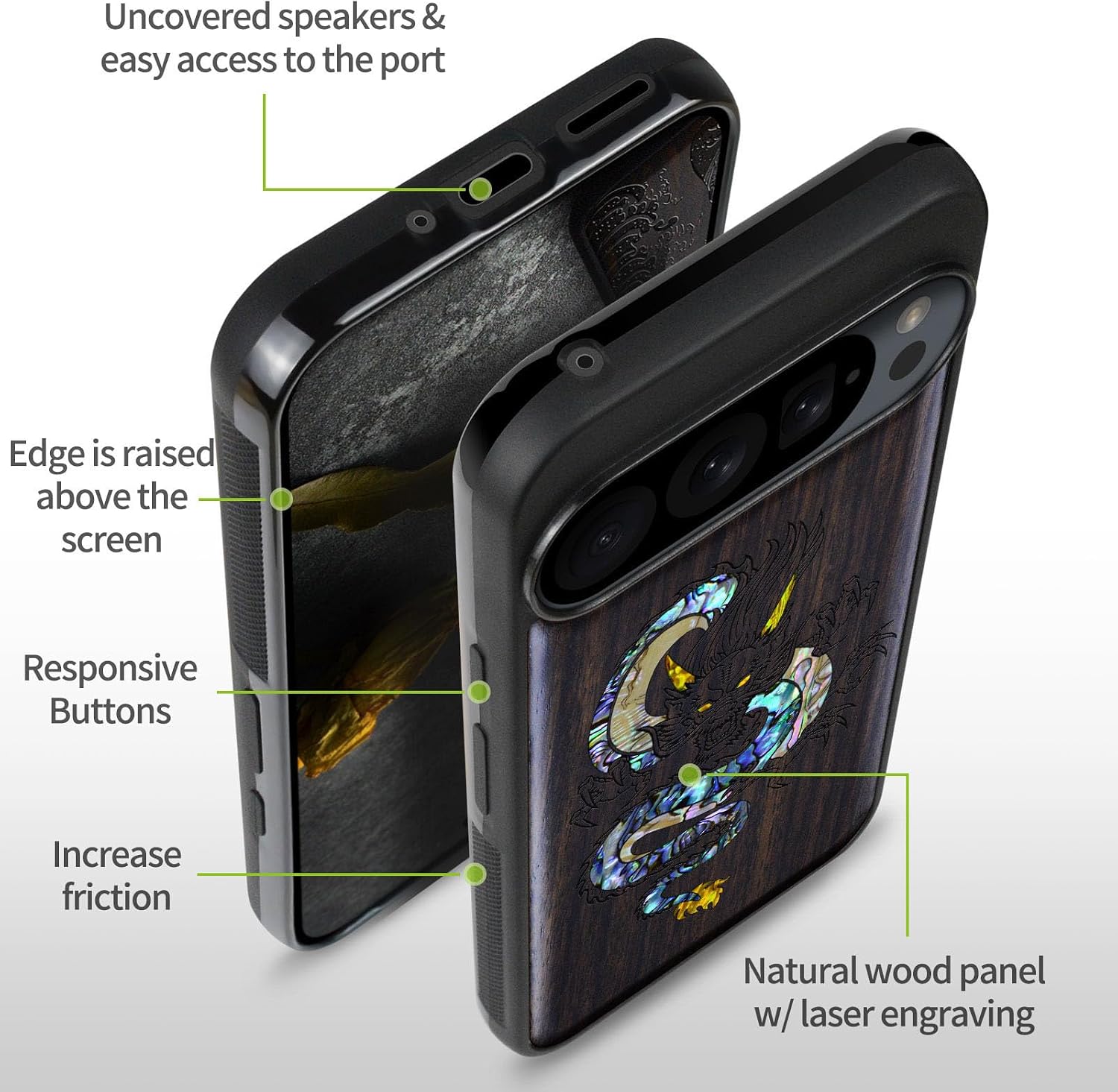 Carveit Magnetic Wooden Case for Google Pixel 9 Pro XL Case, Wood Artisan Engraved & Handmade Shell Inlaid, Compatible with MagSafe Wireless Chargers, The Oriental Dragon - Blackwood