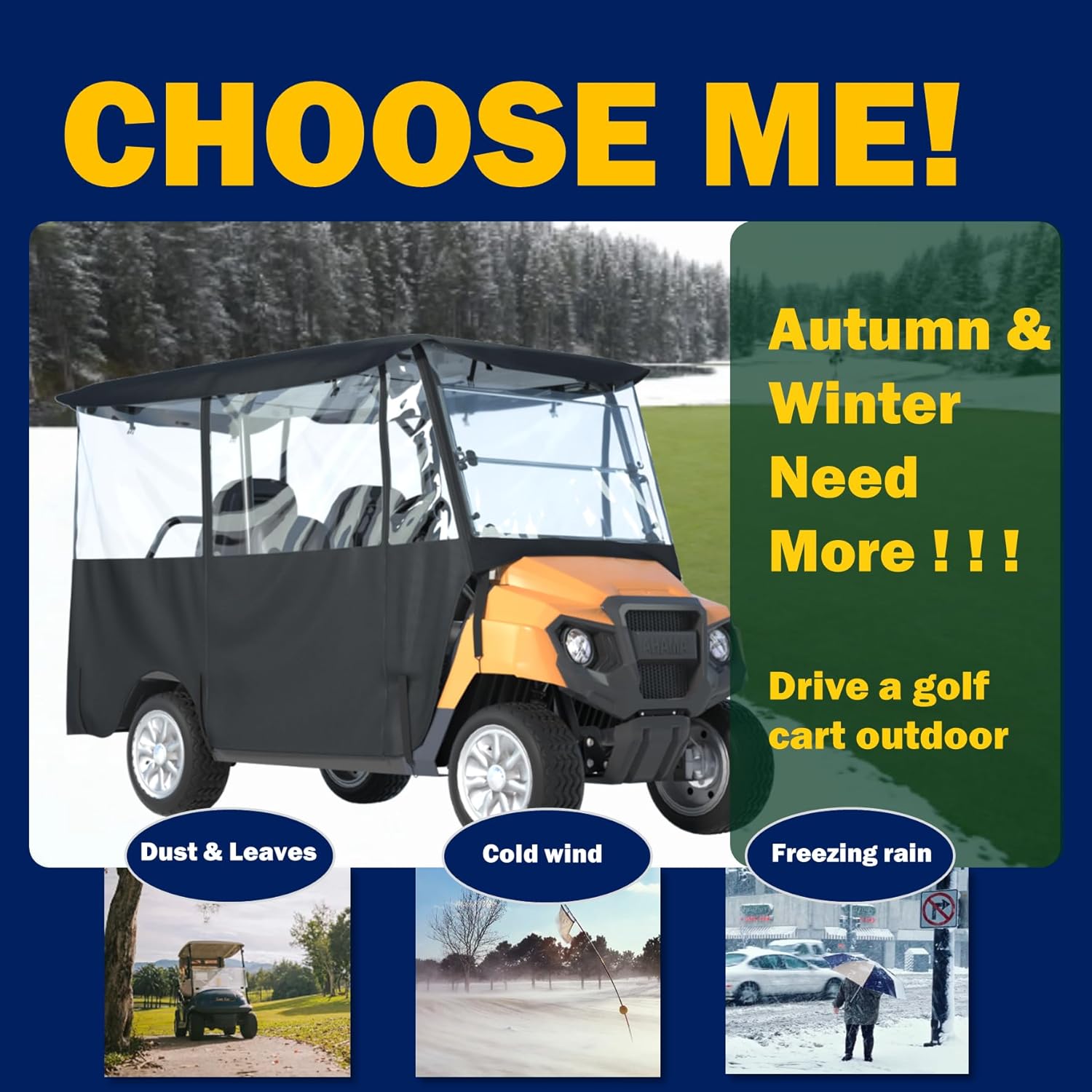 BENVOL Golf Cart Enclosure 4 Passenger –Roof Up to 78", Heavy Duty 900D Waterproof Rain Cover,0.5mm Clear PVC, Fits Club Car Precedent/Onward/Tempo, EZGO & Yamaha, Winter Windprood Cover