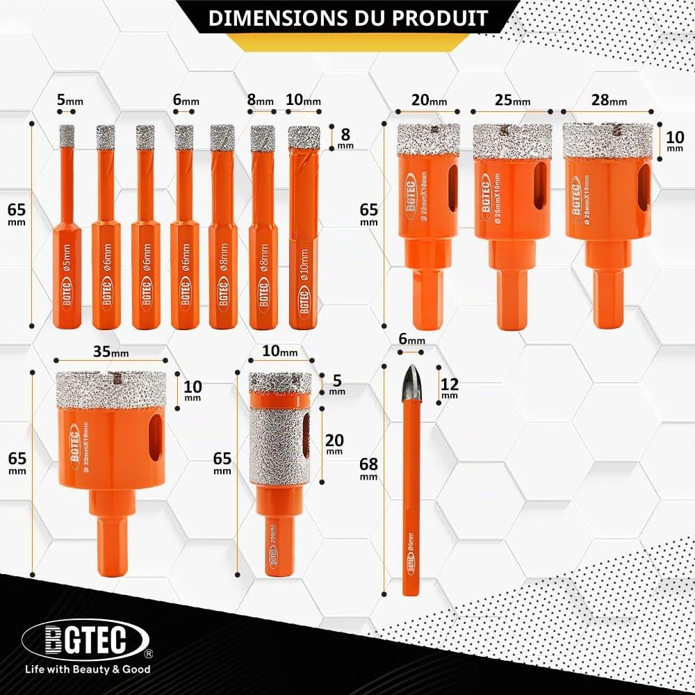 BGTEC Foret Diamanté Scie Cloche Diamantée Kit,13 pièces 5/6/6/6/8/8/10/20/25/28/35mm avec queue hexagonale+6mm Carbure Drill+20mm Milling Finger Bit for Granite Marble Porcelain Tile Ceramic
