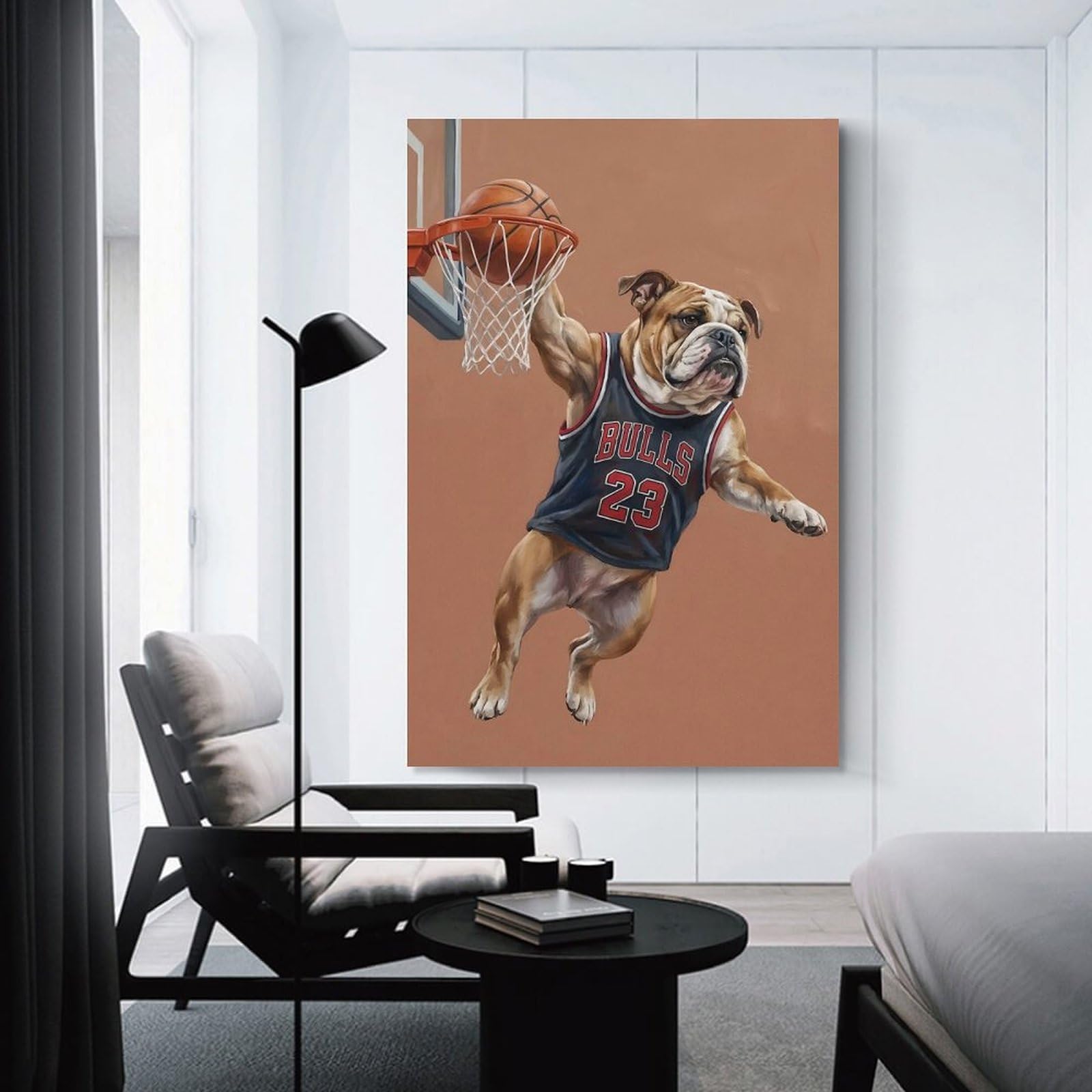 Junmoney Wall Picture Print Bulldog Basketball Player Dunking, 20x30inch(50x75cm), for Small Homes, Bedrooms Or Open Spaces, An Easy Choice for New Home Styling