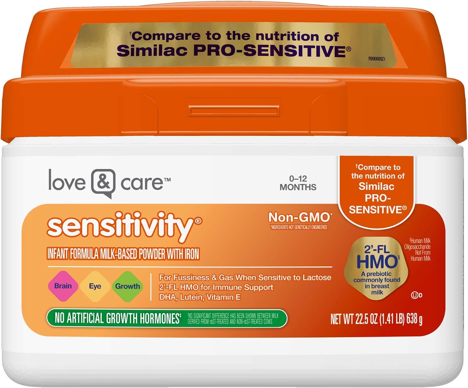 Love & Care Sensitivity Baby Formula Powder With Iron, Reduced Lactose, Non-GMO, 2'-FL HMO for Immune Support, 22.5 Ounce
