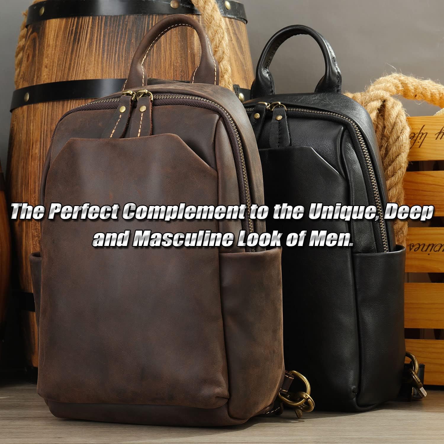 Men's Full Grain Leather Sling Backpack, Casual Crossbody Shoulder Bags, Vintage Chest Travel Daypack for 10.5 Inch iPad