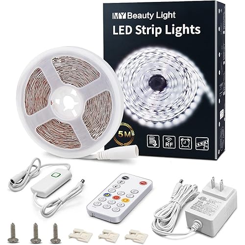 MY BEAUTY LIGHT LED Strip Lights White,16.4ft Dimmable LED Light Strip with RF Remote,300 Bright 6500K 2835 LEDs,Plug-in Adhesive Rope Lights with Timing Mode for Living Room Bedroom Kitchen Cabinet
