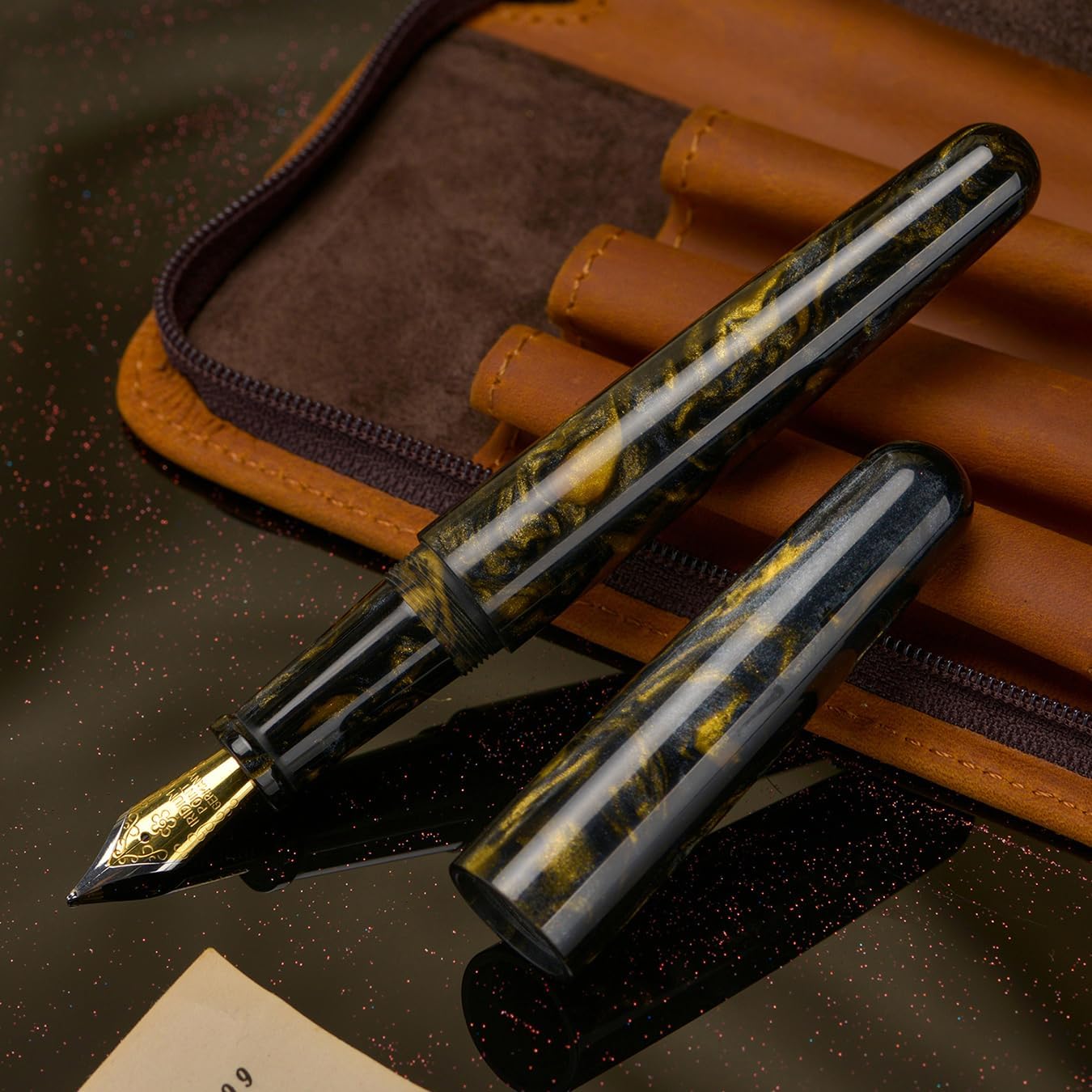 erofa Fuliwen 017 Resin Fountain Pen Medium Nib with Converter, Black Golden Resin Writing Pen Set