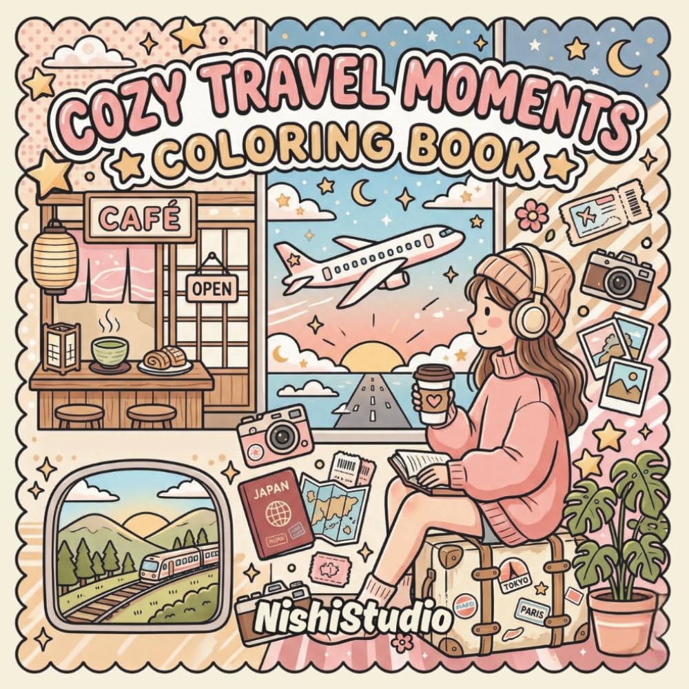 Cozy Travel Moments Coloring Book for Adults & Teens: Bold & Easy Relaxing Pages of Soft Life Travel, Cute Girls, Cafés, Airports & Dreamy Getaways