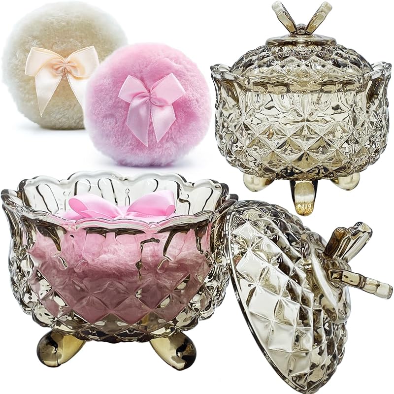 Pote de vidro para pó com 2 puffs macios EWEIGEER, 10,16 x 10,16 x 10,16 cm, Butterfly-tawny