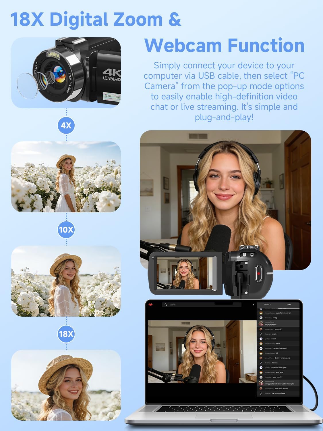 Camcorder,FHD 4K 56MP Video Camera,WiFi Vlogging Cameras for YouTube with IR Night Vision,18X Digital Zoom 3.0''Touch Screen Digital Camera with 64GB Card,Remote Control,Webcam and Battery - Image 6