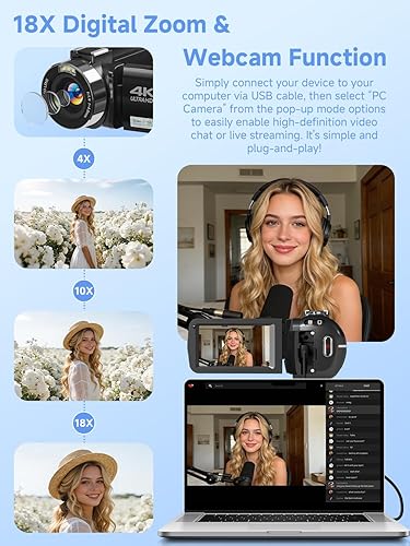 Miniatura 6 de Cámara Digital, Cámara de Video 4K Camcorder UHD 56MP WiFi para Vlogging, Zoom Digital 18X, Visión Nocturna IR, Cámaras con Pantalla Táctil de 3