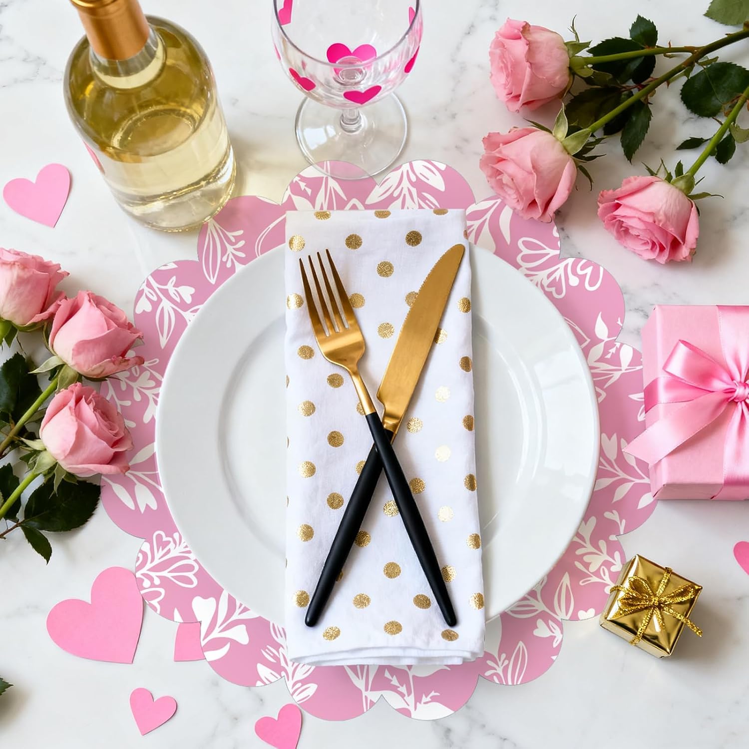100 Pcs Pink Floral Paper Placemats 13.5 Inches Scalloped Valentines Placemats Disposable Valentines Day Pink Heart Place Mats for Dining Parties Weddings Holidays Table Decorations image 4