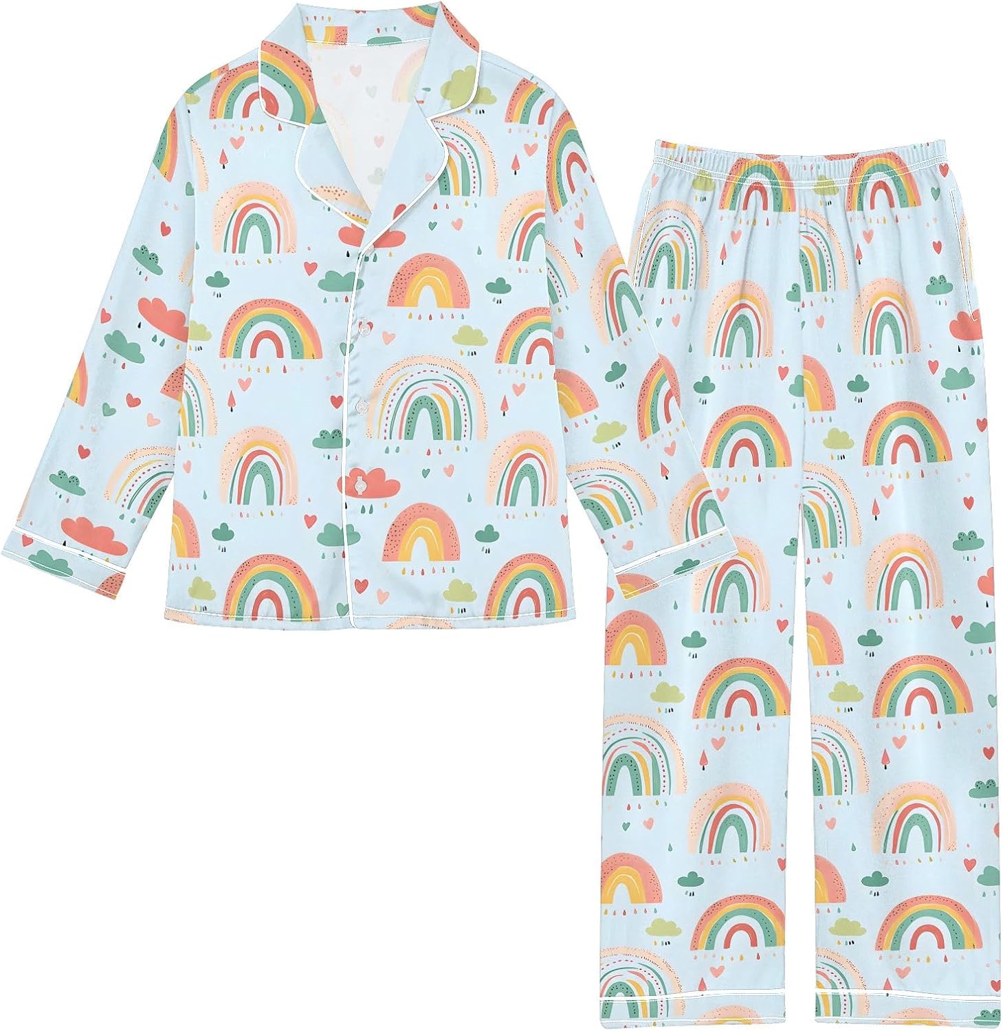 Kids Casual Satin Wear Set Blue Rainbow Cloud Pattern Unisex Relaxed Fit Clothing
