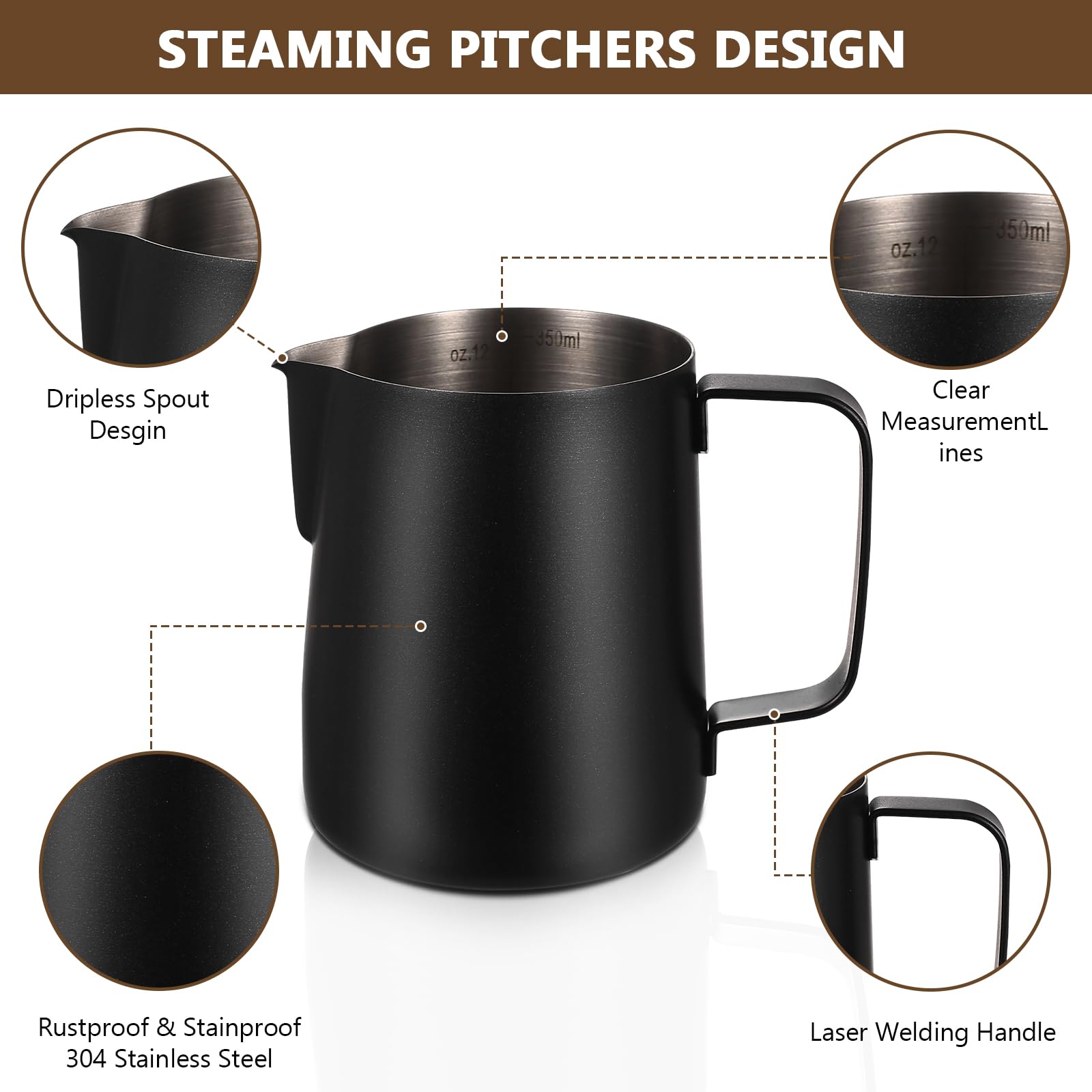 350ml Edelstahl Milchkännchen Barista Zubehör, Milchkanne Edelstahl Milchschaumkännchen, Milchaufschäumer Kanne, Aufschäumkännchen, Milchschaum Kanne, Espresso Kaffeezubehör, mit Latte Art Pen