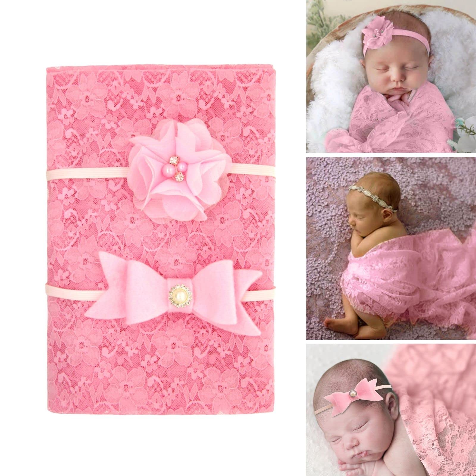 Baby Photo Props Lace Wrap with 2 pcs Headbands Set, Professional Newborn Photography Props Floral Long Ripple Wrap (Pink)