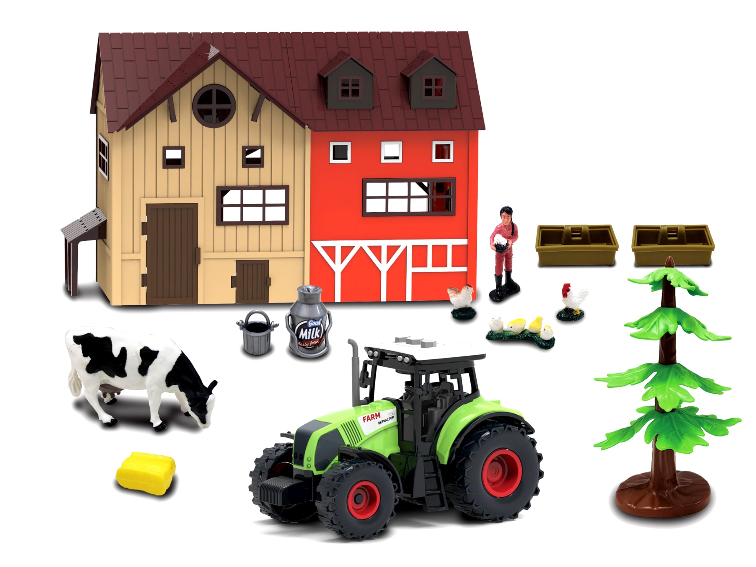 Teorema Giocattoli, Playset Bauernhof Tiere Kinder mit Stall, Traktor mit Licht und Geräuschen, Kuh und viel Zubehör, Lernspiele 3 Jahre, Spielzeugstall