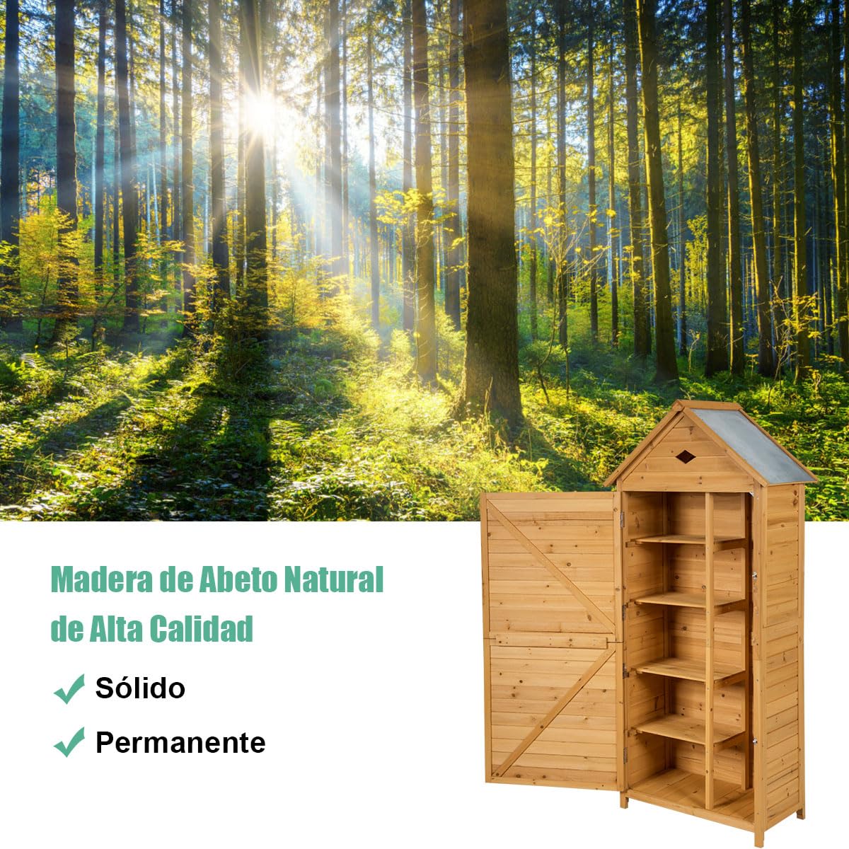 COSTWAY Caseta Jardin Exterior de Madera, Cobertizo Jardin Exterior con 5 Estantes y 2 Puertas con Cerradura, Armario para Herramientas con Techo Impermeable para Jardín Balcón Terraza (80x45x177cm)