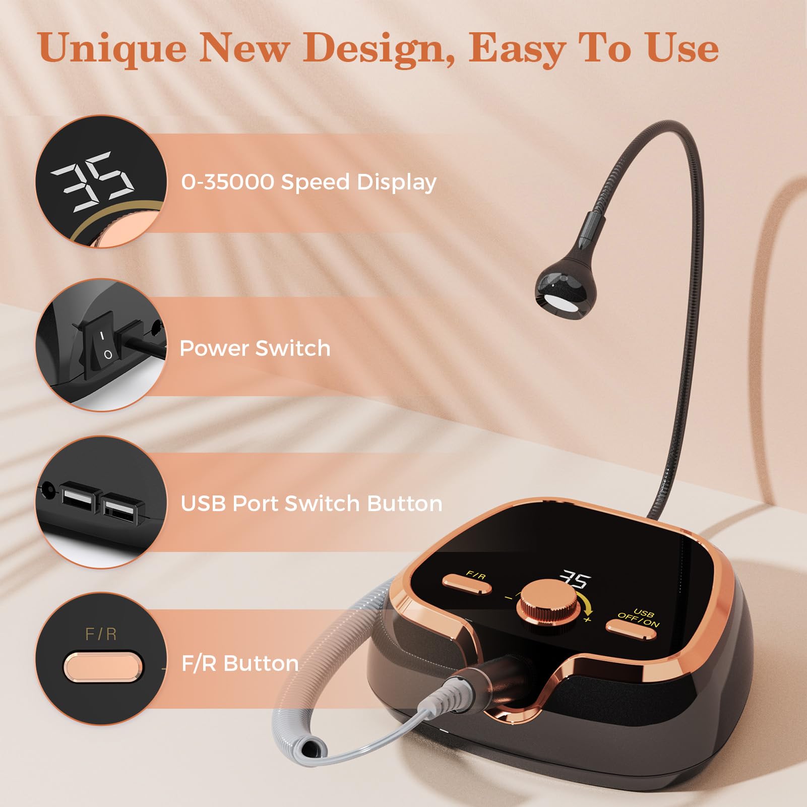 Máquina de perforación de uñas eléctrica, profesional 35000 RPM Electric Nail Drill File with Speed Display Manicure Pedicure Kit para uñas acrílicas, uñas de gel, polaco, buffing y para uso doméstico