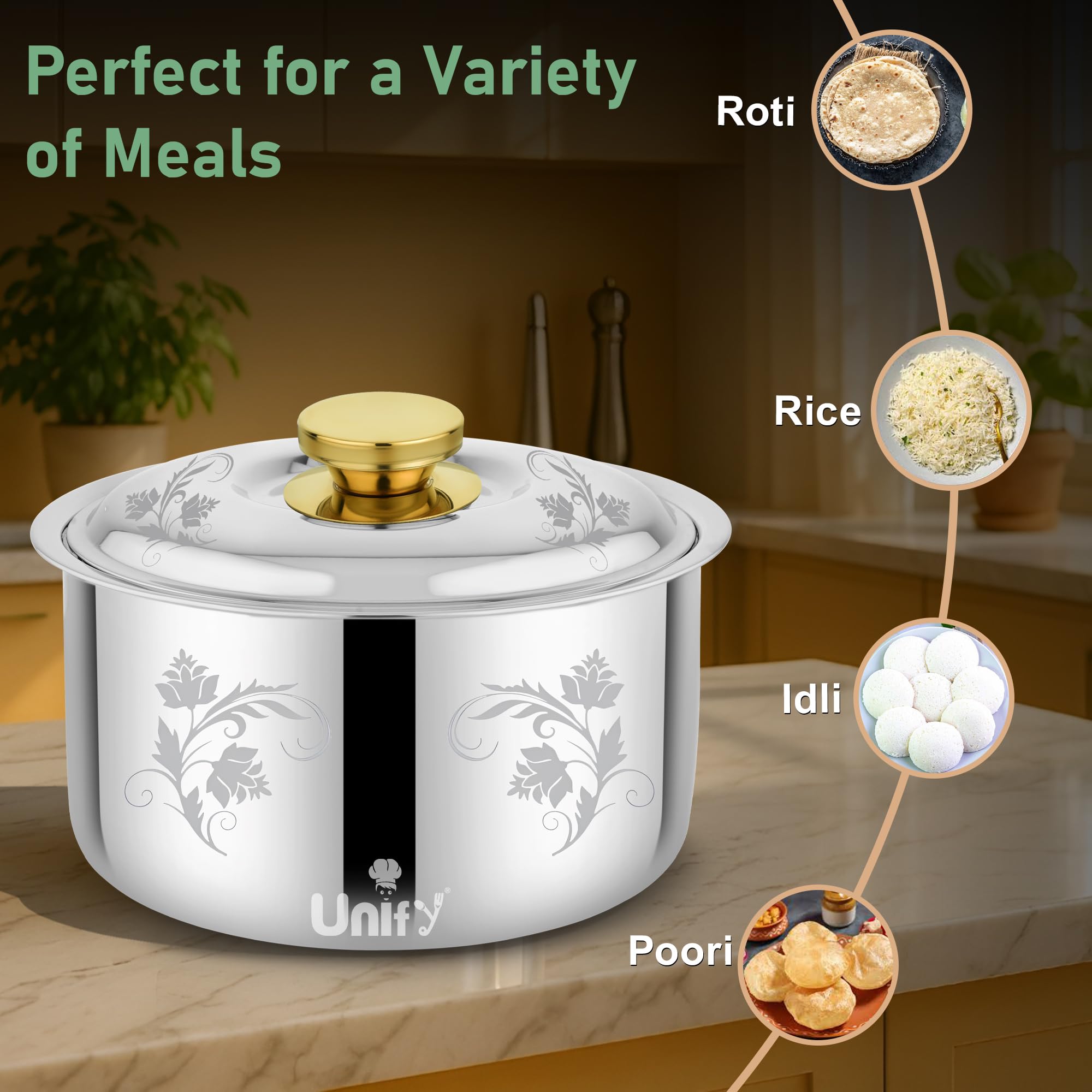 Unify Stelo Stainless Steel Insulated Casserole Hot Pot 1600 ML with Floral Design & PVD Gold Plated Handle | Lasser Finish Roti Server & Chapati Box | Food-Grade BPA Free | Keeps Food Fresh (Silver) 3